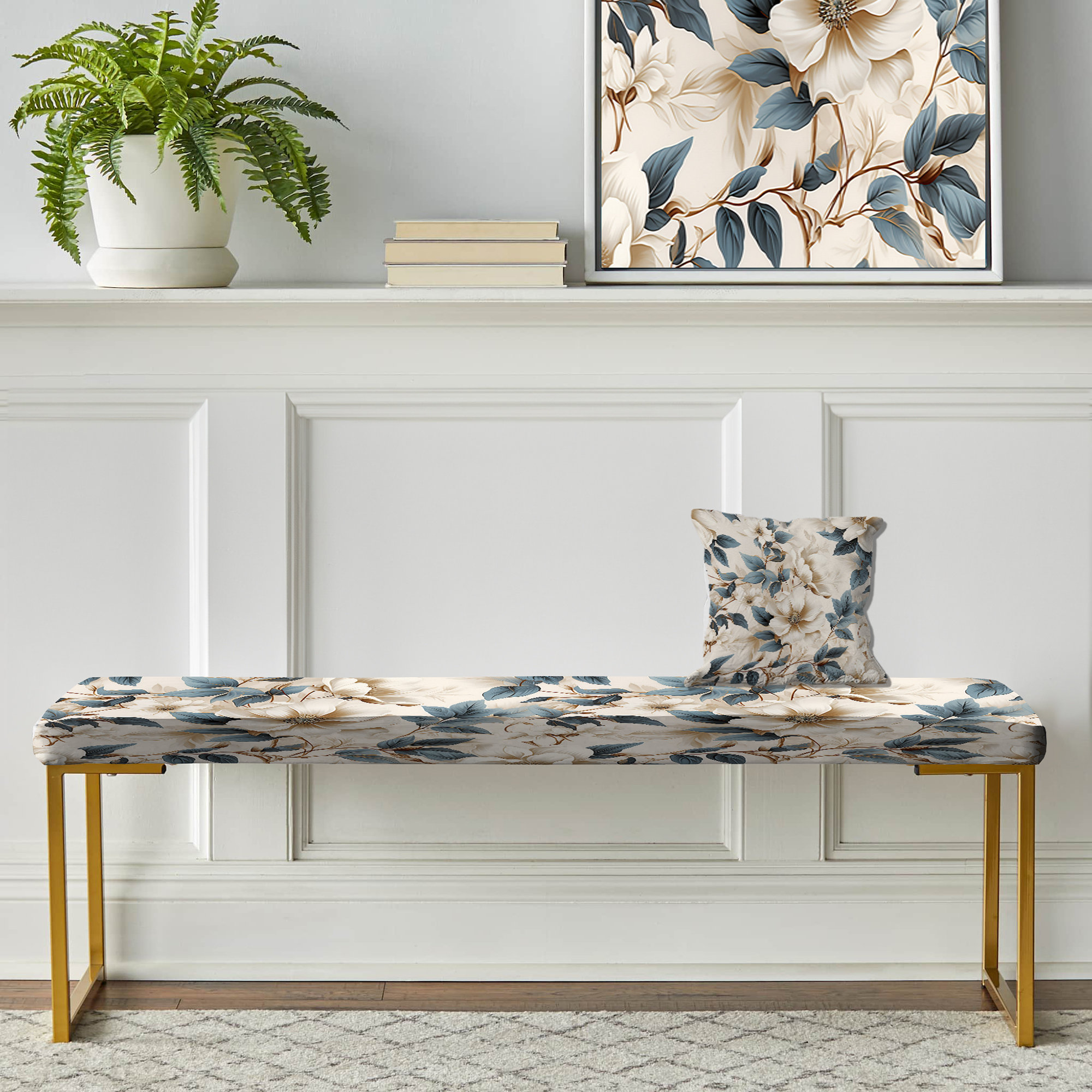 Design Art Vintage Flora II - Plants Upholstered Gold Bench